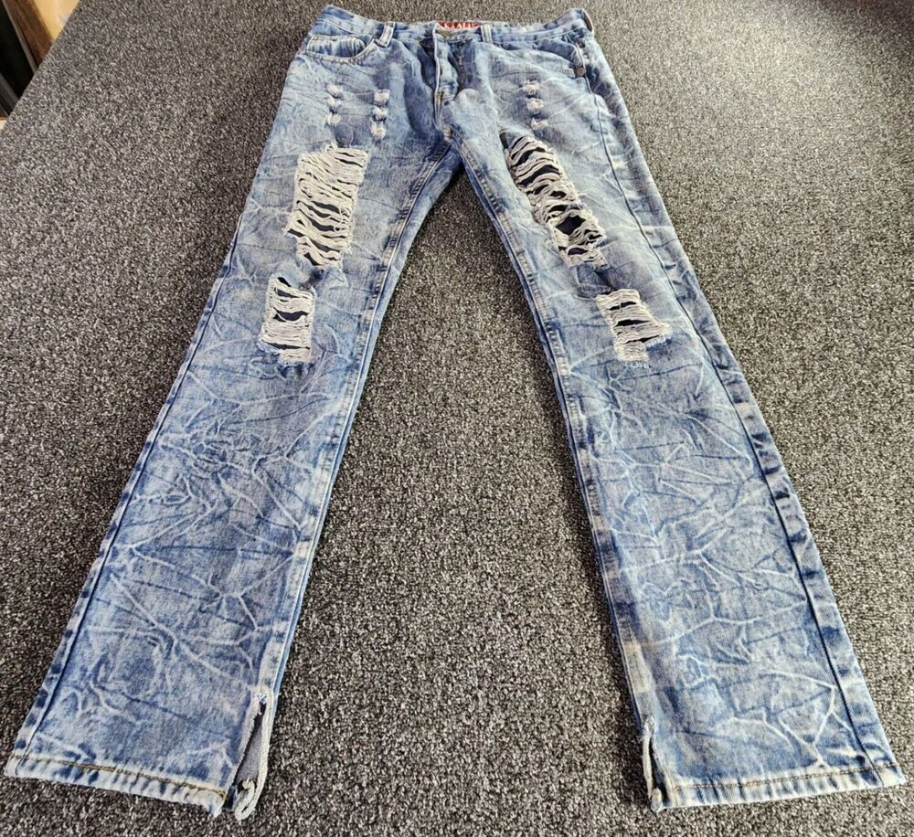 KAALU Jeans Men's 32x32 Straight Leg Ripped Stone Wash Denim Thrashed Grunge